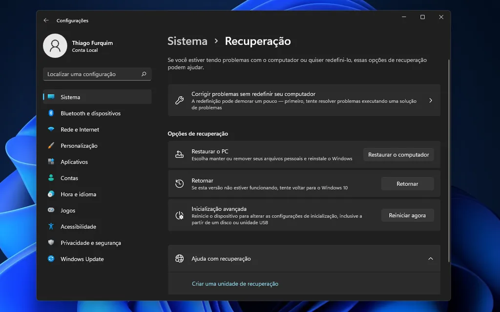 Acesse o modo de recuperação do Windows 11 (Captura de tela: Thiago Furquim/Canaltech)