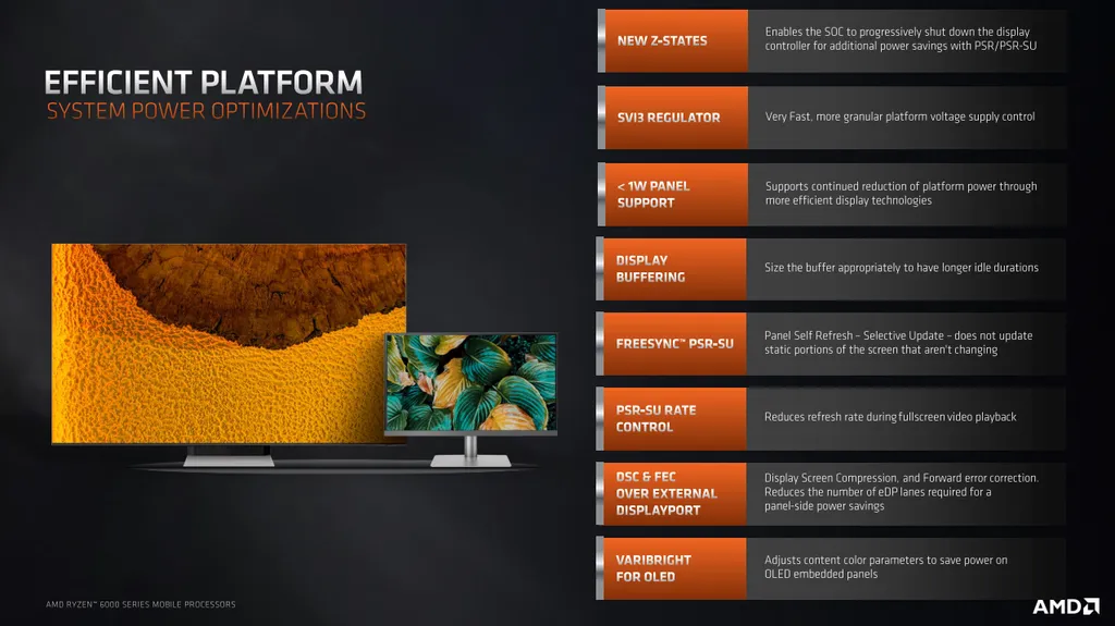 A AMD está trabalhando para garantir que outros componentes, como as telas, também operem em conjunto com os novos Ryzen para estender ainda mais a autonomia dos laptops (Imagem: AMD)