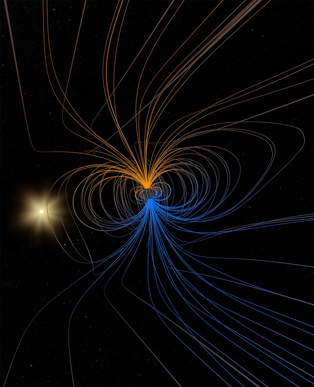 Representação do campo magnético que protege a Terra de partículas nocivas (Imagem: Reprodução/Goddard Space Flight Center da NASA)