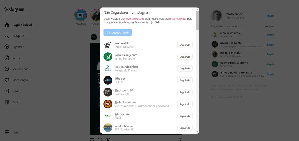 Com visual simples, o Não Seguidores no Instagram apresenta quem deixou de seguir seu perfil com bastante rapidez (Imagem: Captura de tela/Fabrício Calixto/Canaltech)