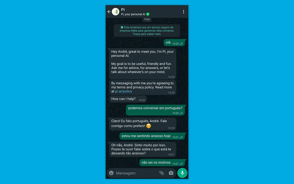 Pi pode atuar como uma "IA motivacional" no WhatsApp (Imagem: Captura de tela/André Magalhães/Canaltech)