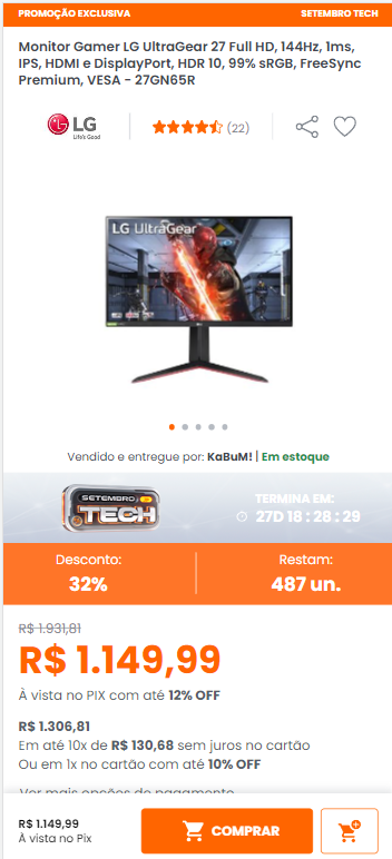 Monitor gamer 27 LG UltraGear 27GN65R, FHD(1920x1080), 144Hz, 1ms