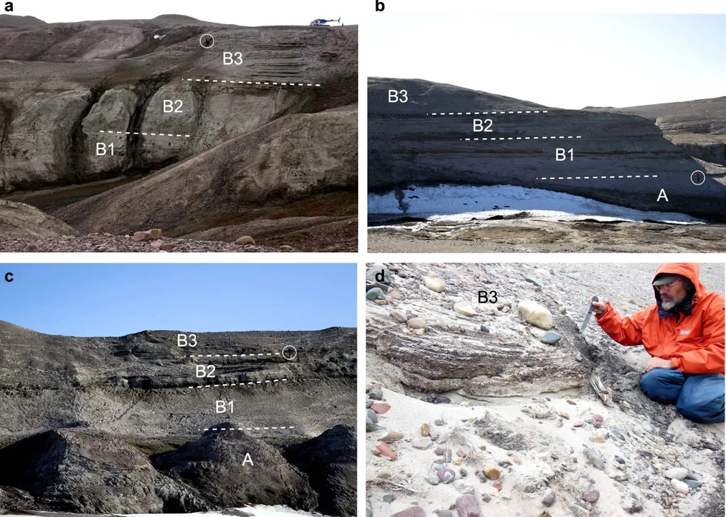 Formação Kap København, na Groenlândia: as marcação indicam as camadas sedimentares onde os cientistas tiveram de escavar para encontrar as amostras de DNA (Imagem: Kjær et al./Nature)