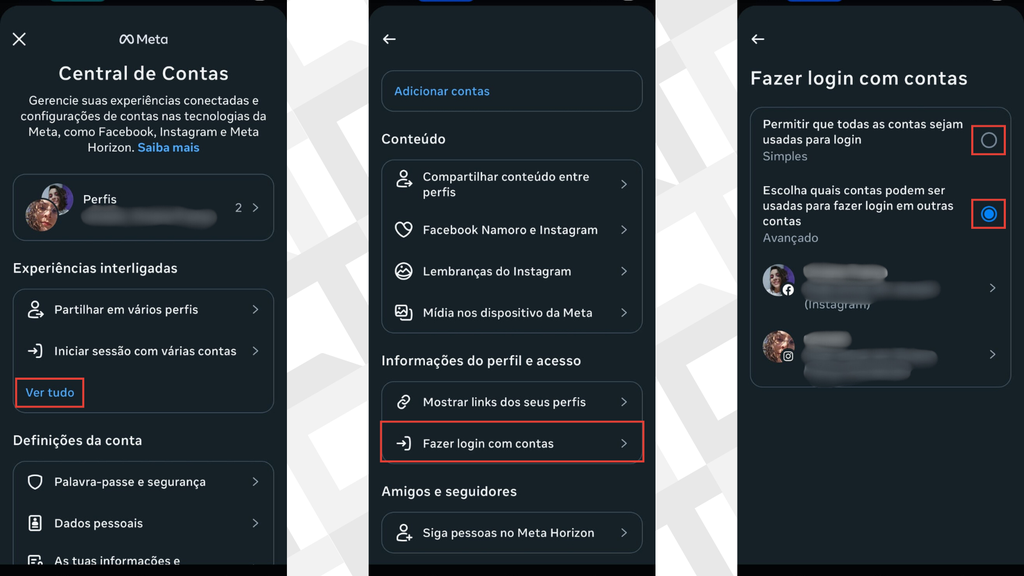 Passos para vincular Instagram e Facebook na Central de Contas
