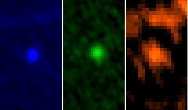 Imagem do Apophis capturada pelo Herschel Space Observatory, da ESA, durante a aproximação com a Terra em 5 a 6 de janeiro de 2013. Esta imagem mostra o asteroide em três comprimentos de onda (Imagem: Reprodução/ESA/Herschel/PACS/MACH-11/MPE/B.Altieri/C. Kiss)