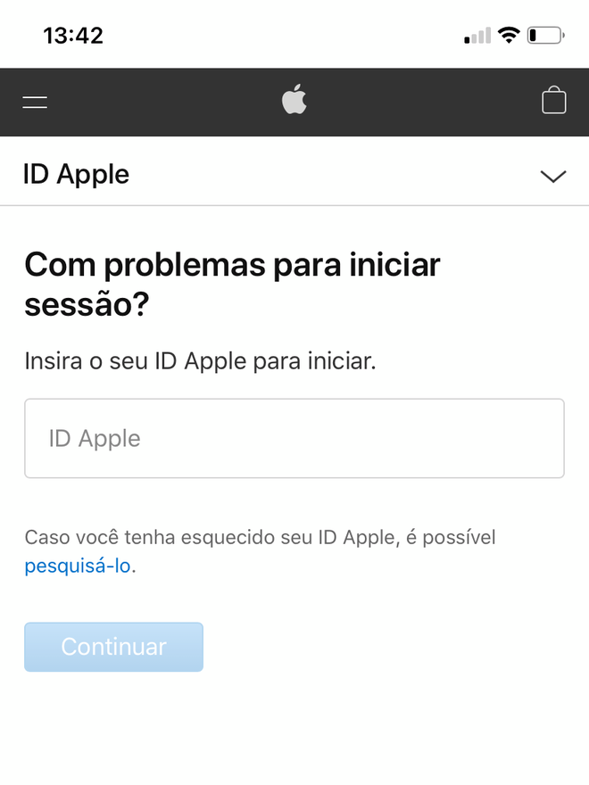 Preencha seu ID Apple ou toque em "pesquisá-lo" para recuperar o login - Captura de tela: Thiago Furquim (Canaltech)