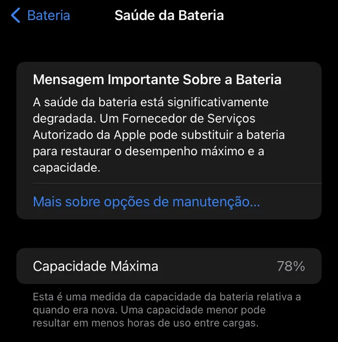 iPhone com 78% de saúde da bateria já recomenda manutenção (Imagem: Felipe Junqueira/Canaltech)