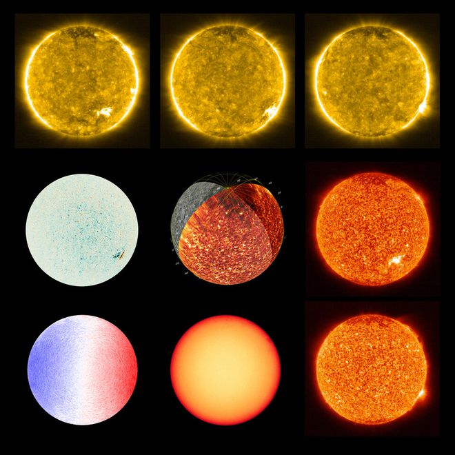 A colagem mostra diferentes visões do Sol, por meio dos vários instrumentos a bordo da Solar Orbiter (Imagem: ESA)