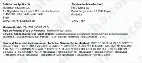 A certificação cita o Nokia C20 e confirma a presença de acessórios na caixa (Imagem: Reprodução/Insira Ficha)