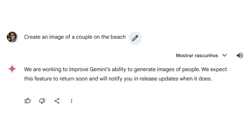 Gemini não cria mais imagens de pessoas (Imagem: Captura de tela/Bruno De Blasi/Canaltech)