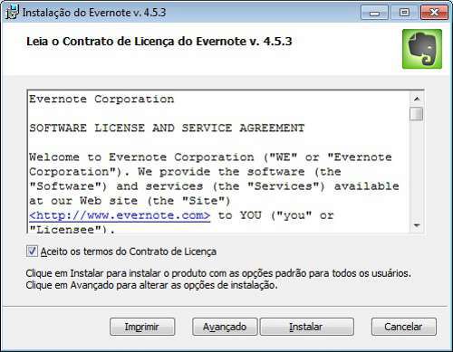 Tela inicial de instalação do Evernote