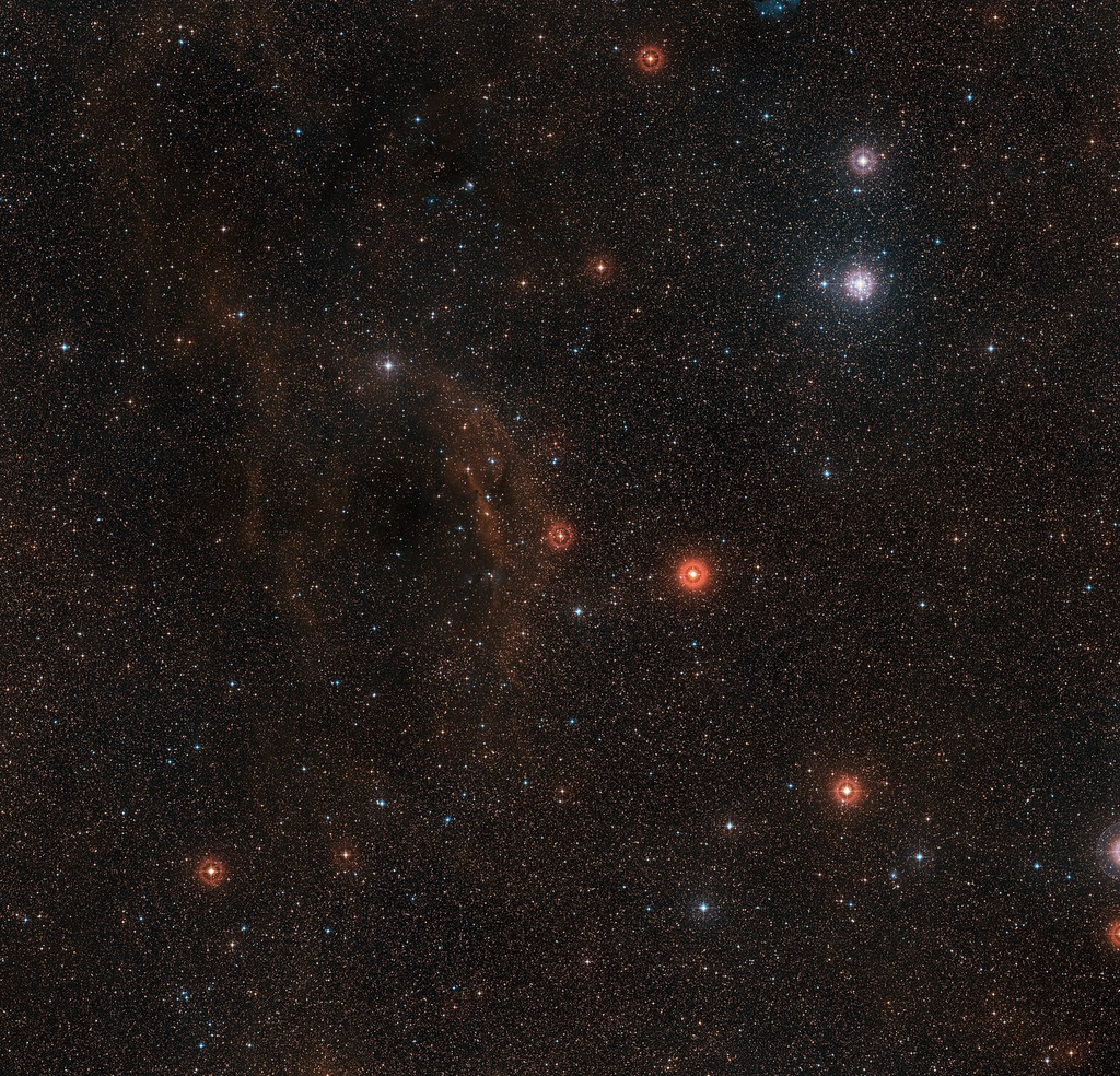 Região ao redor da VY Canis Majoris, que aparece ao centro da imagem. A estrela fica bem no centro da imagem (Imagem: Reprodução/ESO/Digitized Sky Survey 2/Davide De Martin)