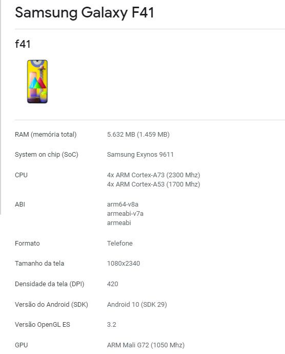 Galaxy F41 é listado com processador de oito núcleos e tela Full HD+ (imagem: Google)