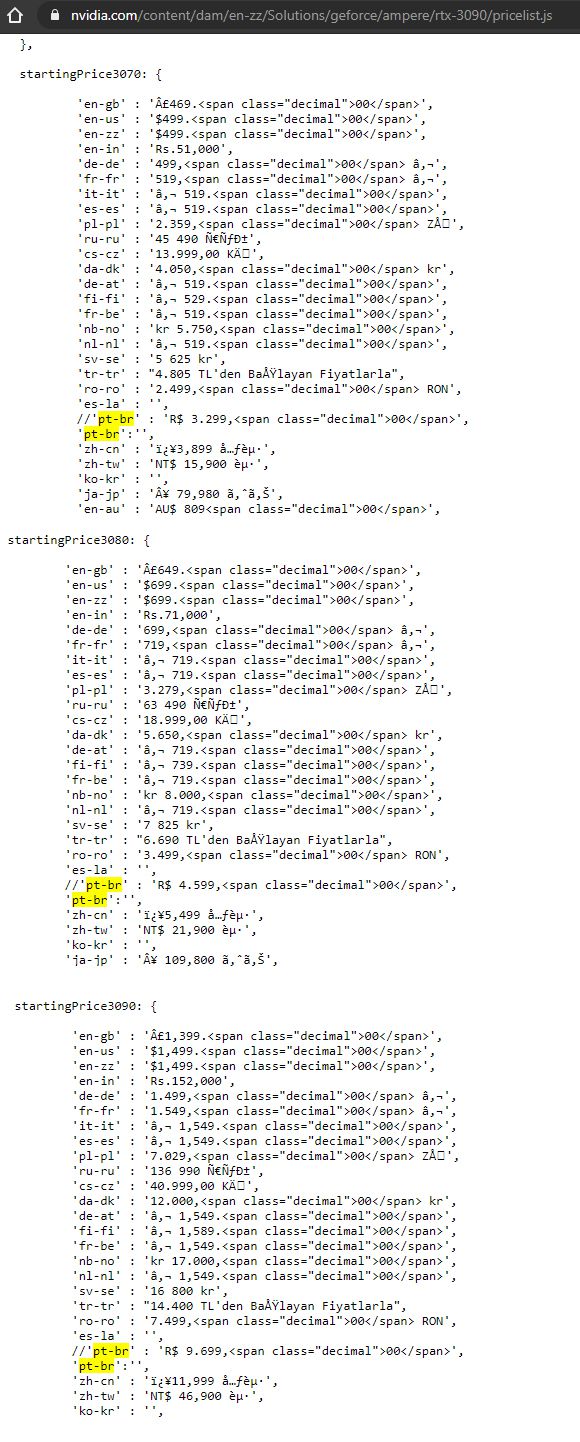 Código-fonte de um arquivo JavaScript do site da Nvidia mostra que os valores foram escondidos para os visitantes, mas continuam ali