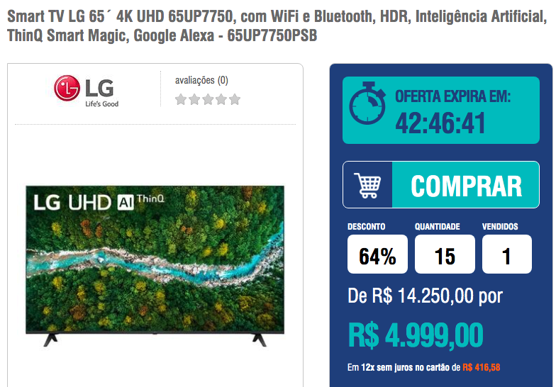 Smart TV LG 65´ 4K UHD 65UP7750 HDR Com WiFi e Bluetooth Inteligência ...
