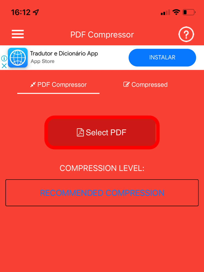 O Comprimir arquivo pdf é um app simples que se destina apenas à tarefa de compressão dos arquivos em PDF - Captura de tela: Thiago Furquim (Canaltech)