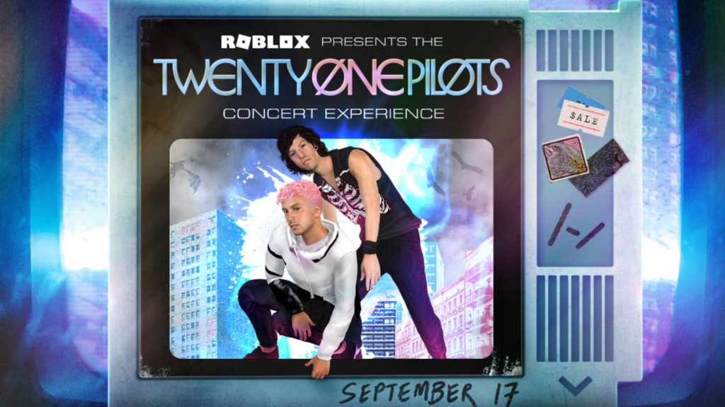Banda Twenty One Pilots na imagem de divulgação do evento (Imagem: Reprodução/Roblox)