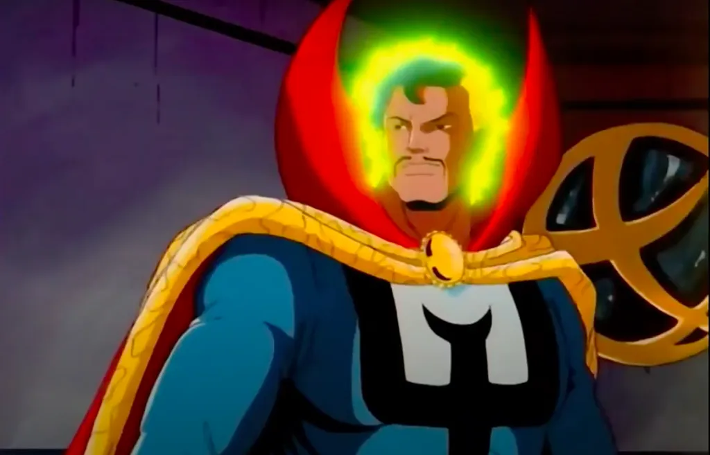 A roupa que o Doutor Estranho-838 usa em Multiverso da Loucura é bem parecida com a que o herói tem no desenho dos X-Men (Imagem: Reprodução/Disney+)