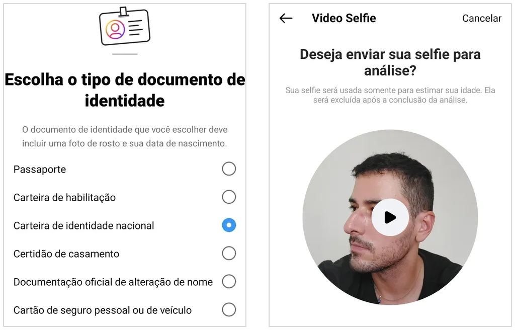 Documentos e vídeo de selfie podem ser usados para confirmar idade no Instagram (Captura de tela: Caio Carvalho)
