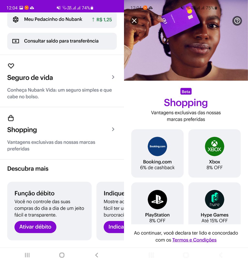 Na direita, está a seção Shopping, localizada na parte de baixo da tela principal do app. Na esquerda, está a área com todas as ofertas (Imagem: Captura de tela/Canaltech)