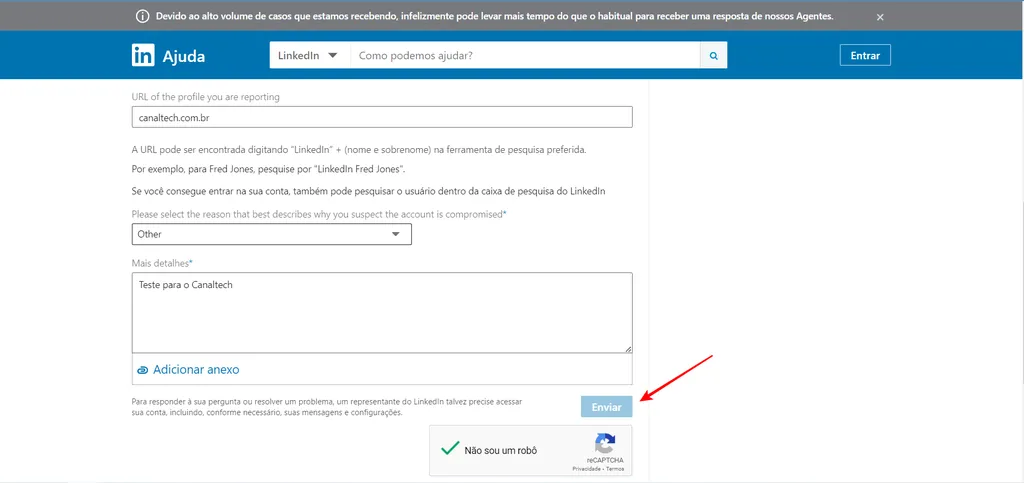 Se o seu LinkedIn foi hackeado, você deve preencher um formulário para notificar a rede social (Imagem: Captura de tela/Fabrício Calixto/Canaltech)