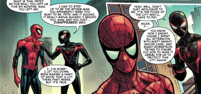 Miles dá uma bronca em Peter, reclamando de sua ausência recente (Imagem: Reprodução/Marvel Comics)