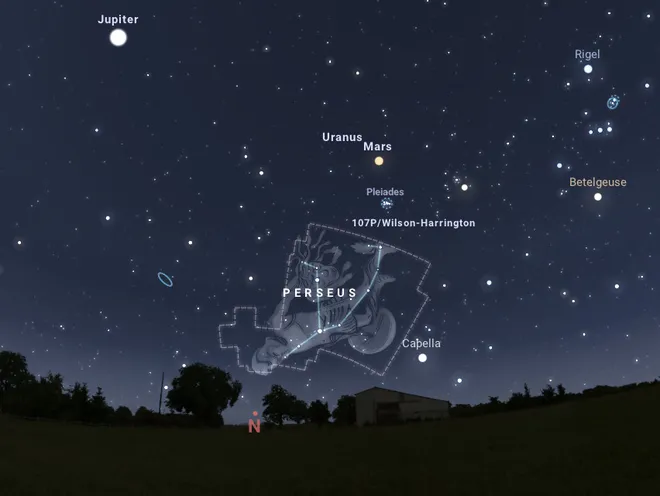 Simulação do céu de SP às 5h00 da manhã de 13 de agosto, mostrando a posição da constelação de Perseu, radiante da chuva dos meteoros Perseidas. (Imagem: Reprodução / Stellarium Web)