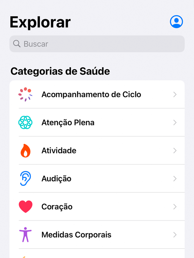 Aplicativo Saúde, do iOS, possui extensa lista de recursos e categorias (Imagem: André Magalhães/Captura de tela)