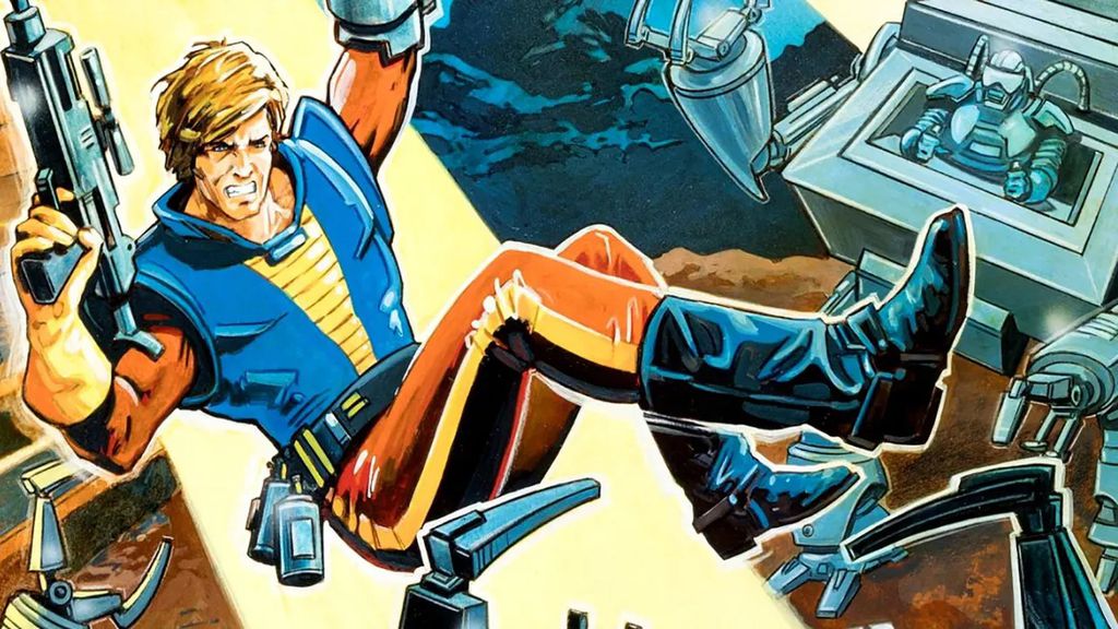 Ilustração de Bionic Commando mostrando o protagonista usando seu braço biônico em um cenário futurista com robôs