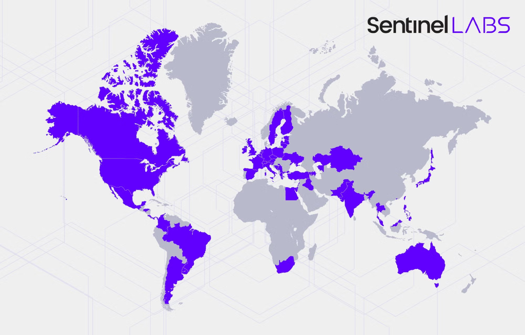 Mapa mostrando locais onde pessoas foram afetadas pelo ataque Contagious, do grupo Lazarus, pelo mundo (Imagem: SentinelLABS)