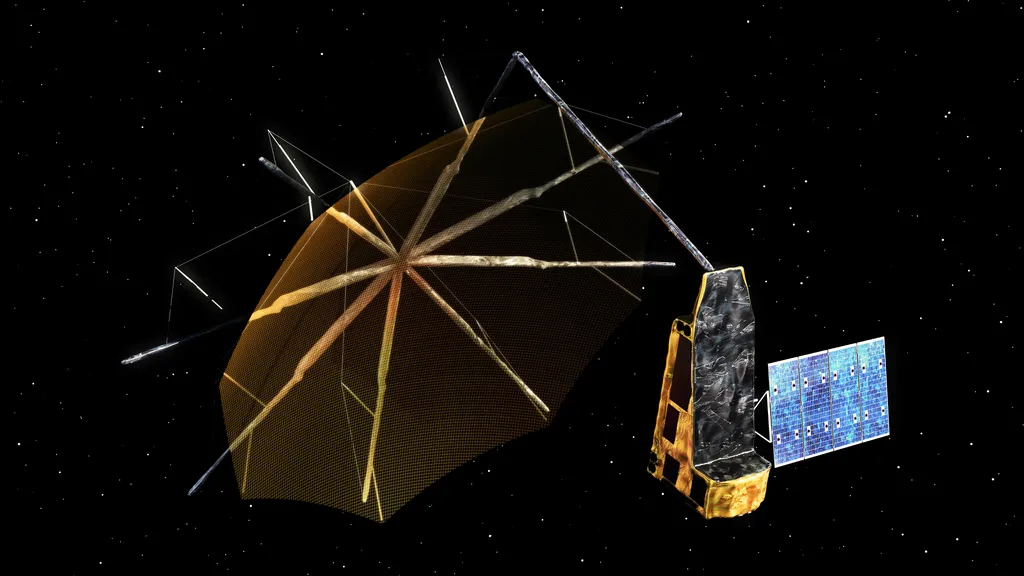 O satélite Biomass Earth Explorer terá um refletor de 12 metros de diâmetro (Imagem: Reprodução/ESA)
