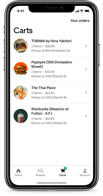 Uber Eats agora permite realizar pedidos de mais de um estabelecimento ao mesmo tempo (Imagem: Divulgação/Uber)