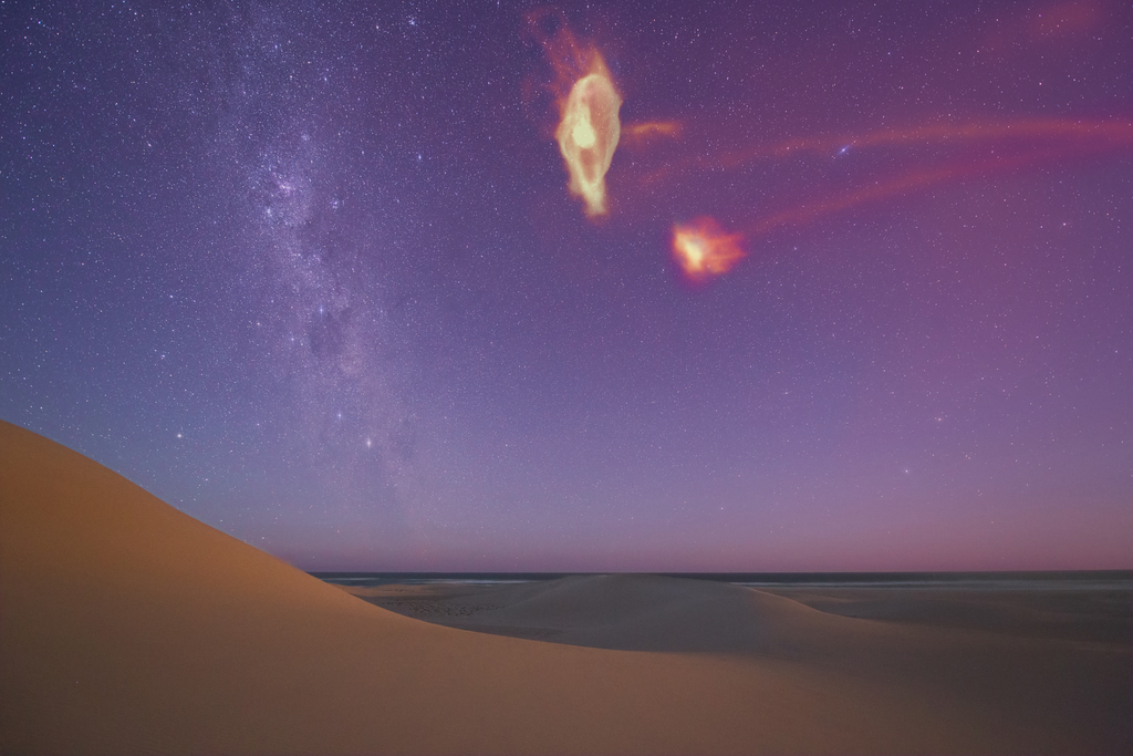 Representação de como o gás no Sistema de Magalhães apareceria no nosso céu noturno (Imagem: Reprodução/Colin Legg / Scott Lucchini)