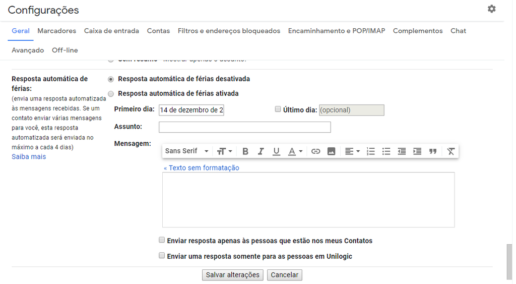 Resposta automática do Gmail (Captura de tela: Ariane Velasco)