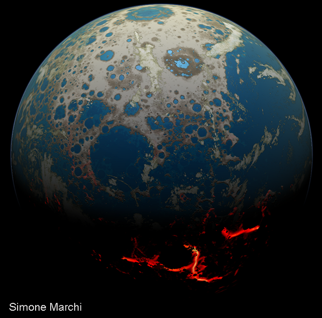 Representação artística da Terra Hadeana, entre 4,1 e 3,8 bilhões de anos atrás, época em que o fragmento de rocha teria sido formado em nosso planeta antes de ter sido "jogado" para a Lua após algum impacto profundo (Imagem: USRA)