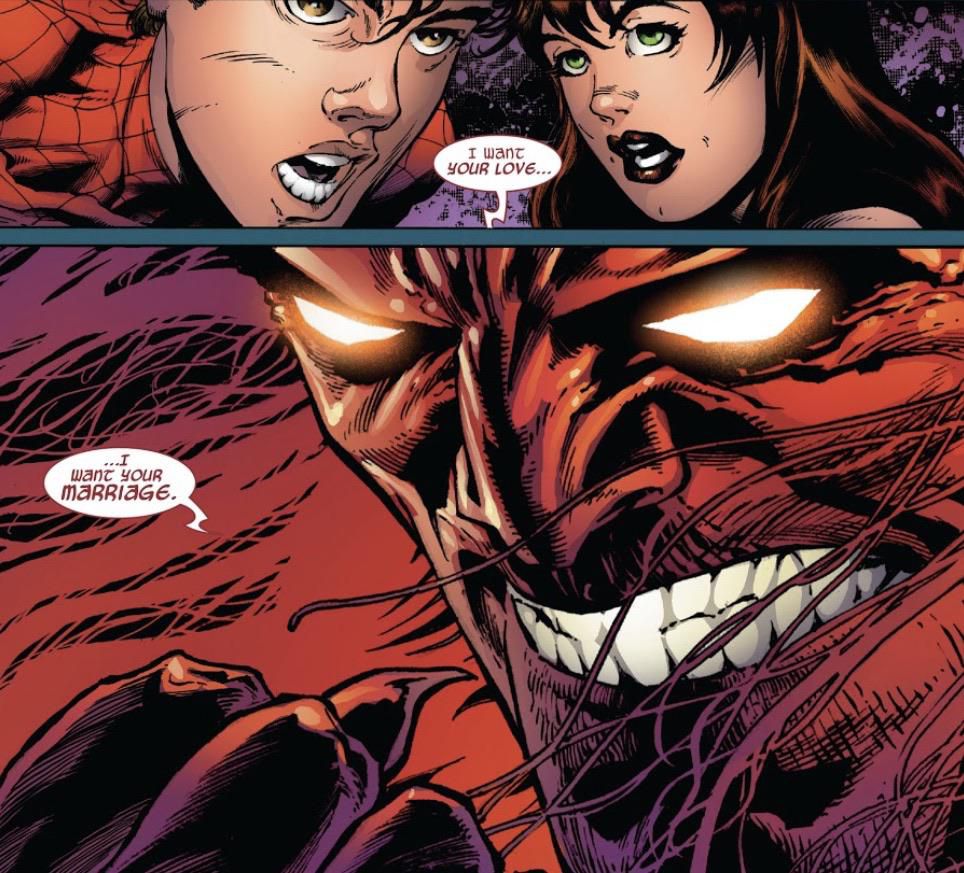Por alguma razão, o demônio da Marvel achou que seria muito maligno acabar com um casamento (Imagem: Reprodução/Marvel Comics)