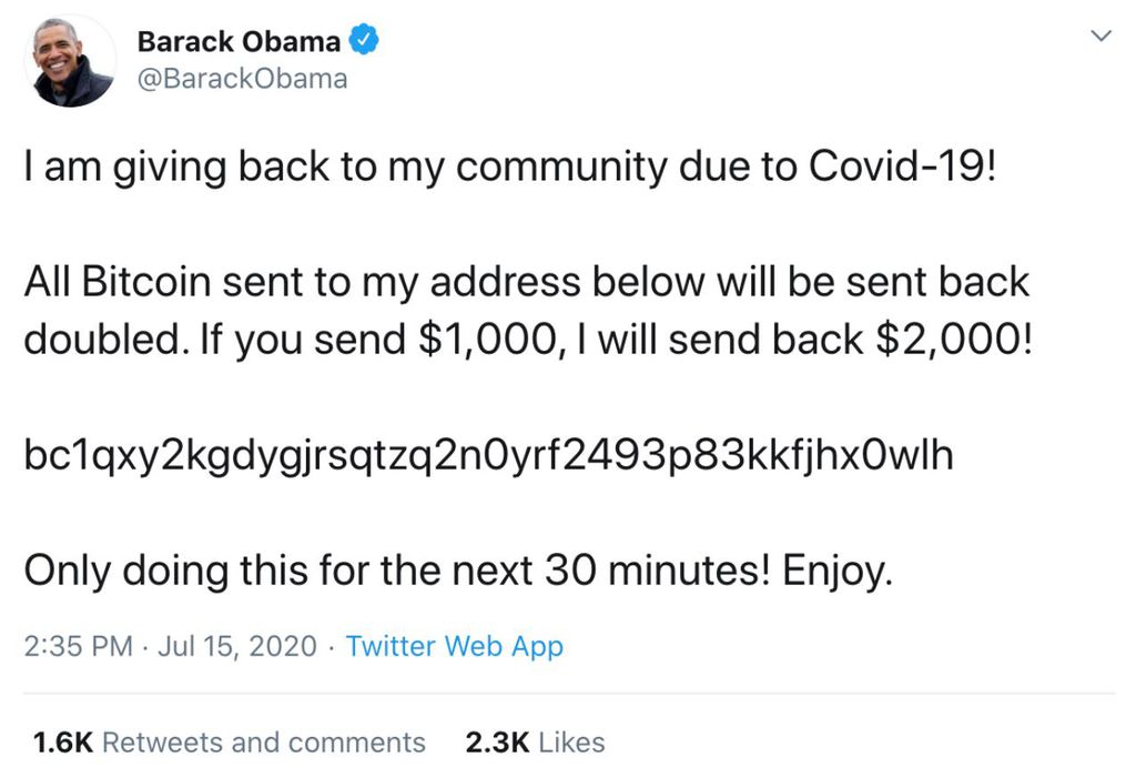 Conta do ex-presidente norte-americano Barack Obama está entre as hackeadas para divulgação de golpe envolvendo criptomoedas (Imagem: Reprodução)