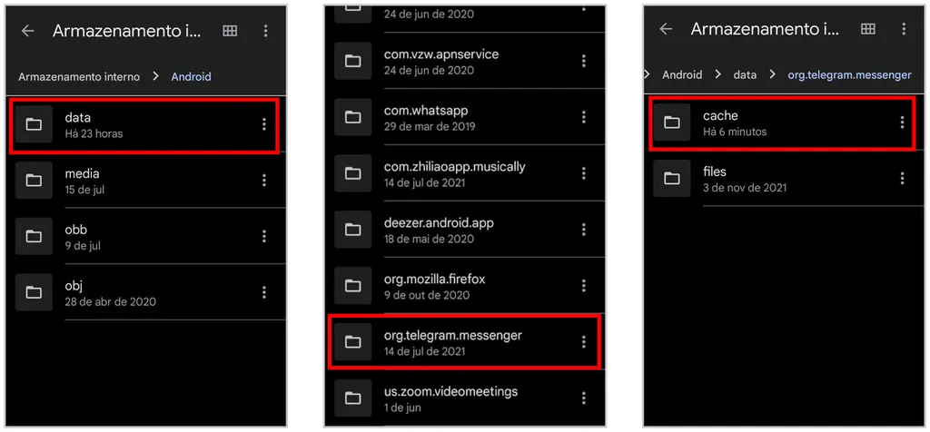 Acessando a aba de cache do Android, você pode localizar arquivos e logs de conversas salvos localmente (Captura de tela: Matheus Bigogno)