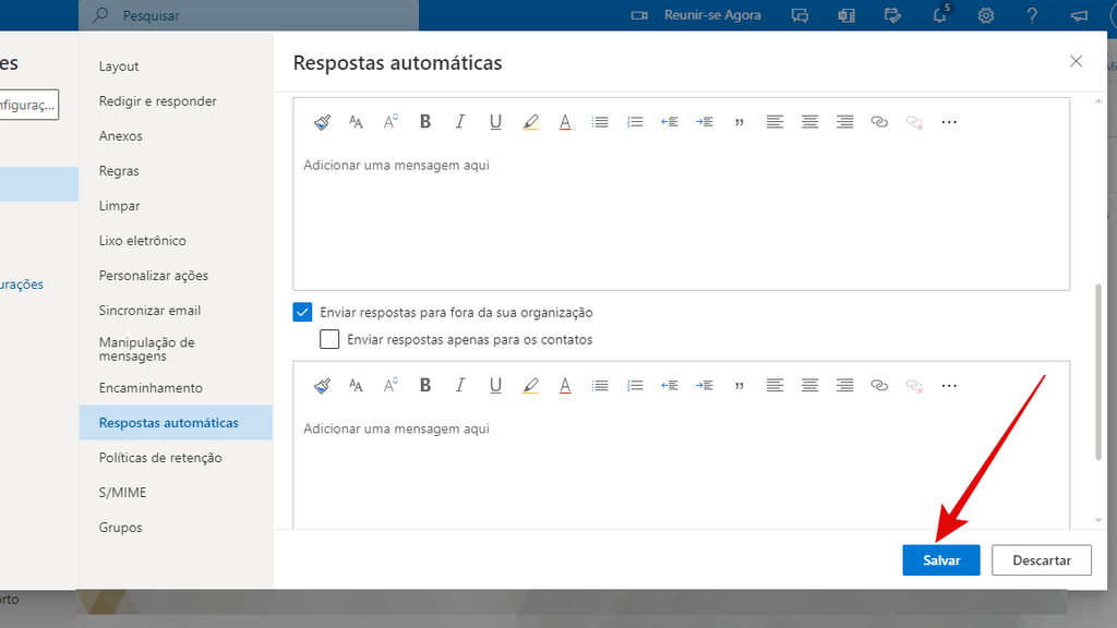 Escreva a mensagem que deseja enviar para os destinatários durante a sua ausência e salve (Imagem: Guadalupe Carniel/Captura de tela)