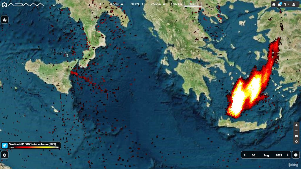 Pluma de enxofre do Monte Etna em direção à Grécia e à Turquia (Imagem: Reprodução/ADAM Platform)
