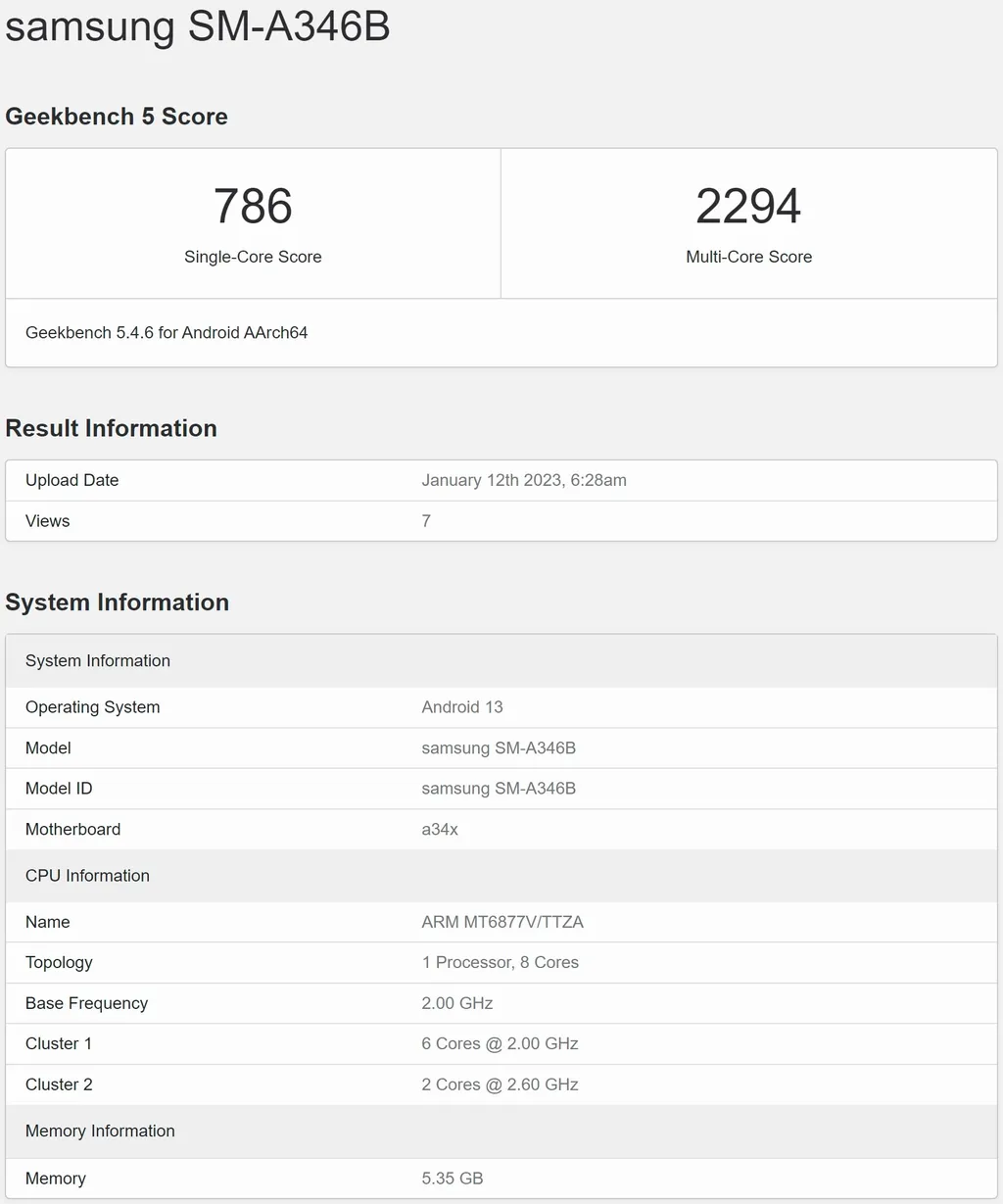 Galaxy A34 5G deve usar mesmo processador do Redmi Note 12 Pro (Imagem: Geekbench)