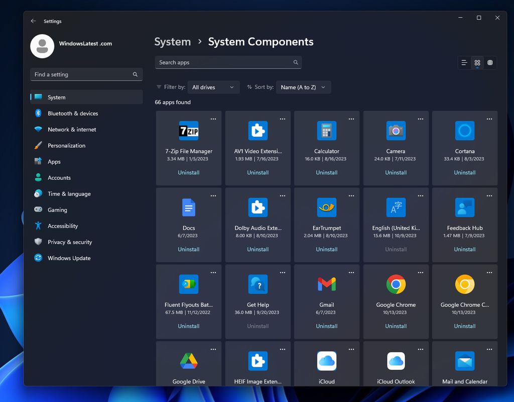 Tela de componentes do sistema ainda está em desenvolvimento, portanto pode mostrar apps que não são nativos nos testes (Imagem: Reprodução/Windows Latest)