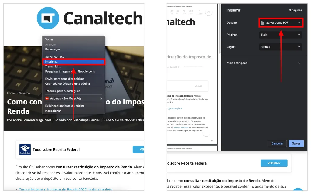 Salve o PDF da página no computador para copiar texto de site bloqueado (Captura de tela: Caio Carvalho)