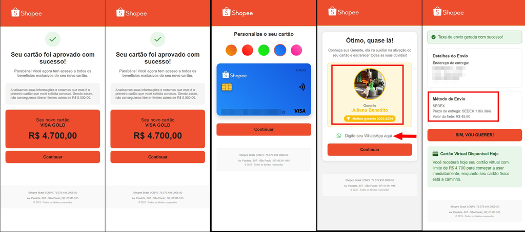 A campanha de phishing simula a plataforma da Shopee e oferece um cartão de crédito com limite alto sem consulta a SPC/Serasa (Imagem: SwitchToThread/X/Reprodução)