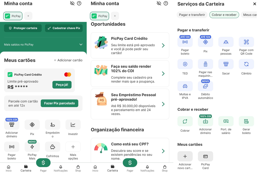 Serviços e produtos oferecidos no aplicativo do PicPay (Imagem: Captura de tela/Guilherme Haas/Canaltech)