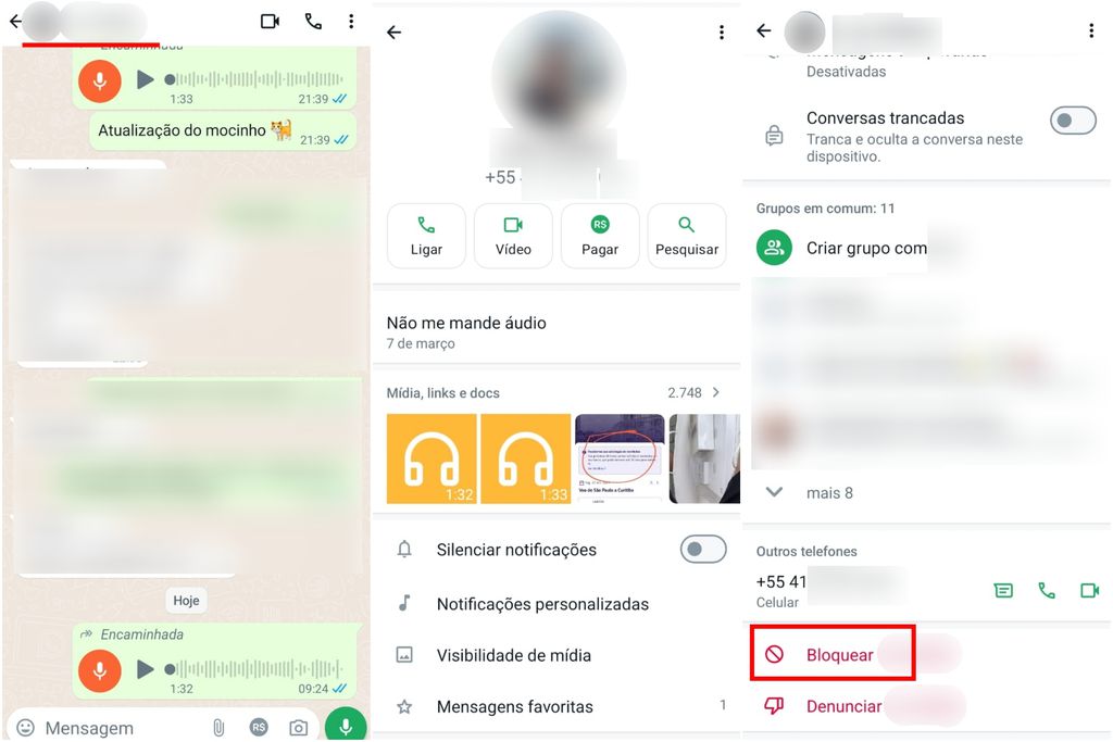 É possível bloquear um contato para não receber mais mensagens e chamadas de vídeo dessa pessoa no WhatsApp (Imagem: Captura de tela/Guilherme Haas/Canaltech)