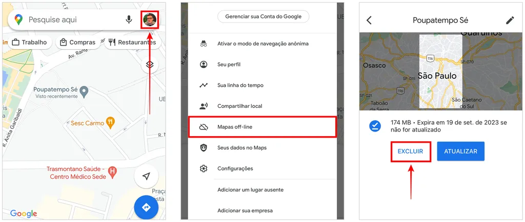 Como excluir mapas offline no Google Maps (Captura de tela: Caio Carvalho)