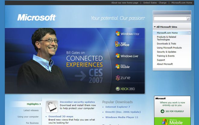 A Microsoft adotou um visual mais azulado em 2007 (Imagem: Reprodução/Web Design Museum)