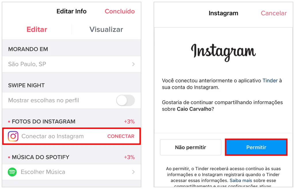 Como conectar o Instagram no Tinder (Captura de tela: Caio Carvalho)