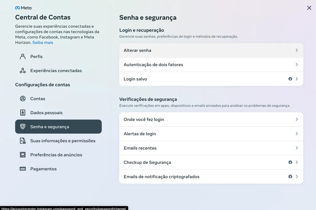 Localize a seção "Alterar Senha" para alterar o código de acesso da sua conta no Instagram (Imagem: Captura de tela/Thiago Furquim/Canaltech)